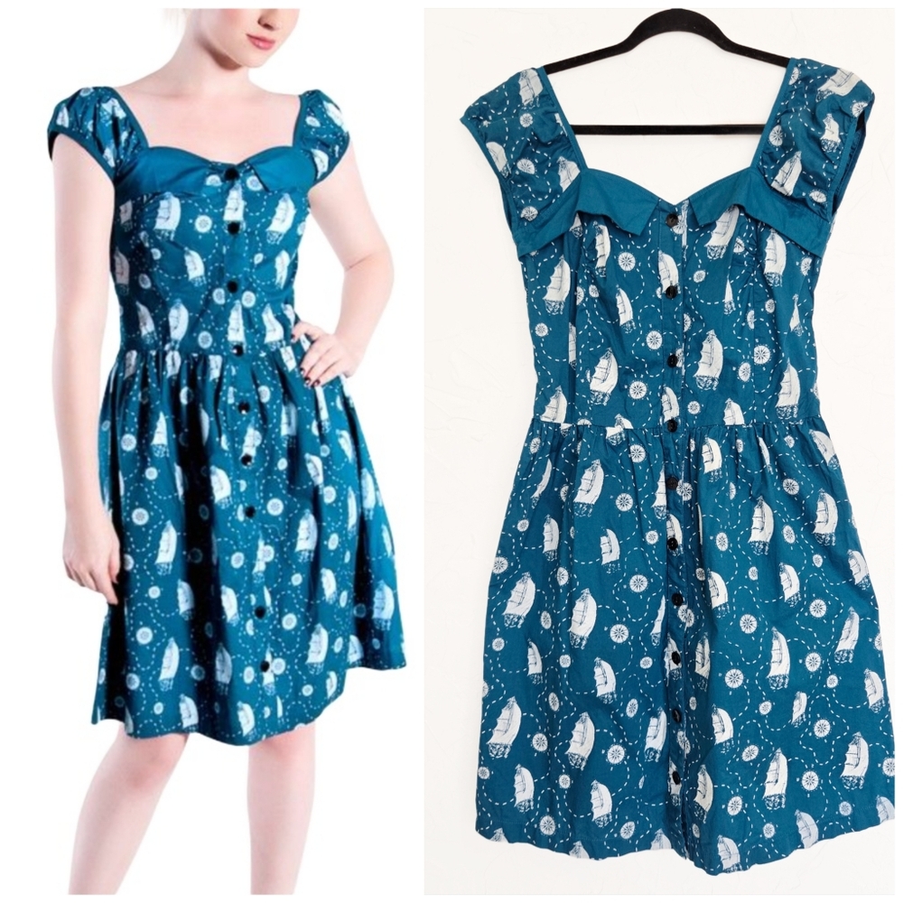 Sourpuss Teal Sailboat Print Vintage-Style Midi Dress
